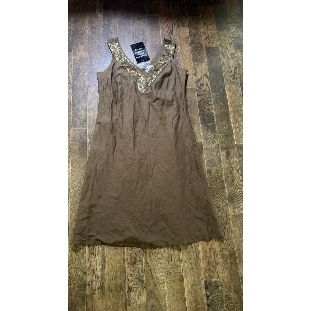 Nwt Vintage Spiegel Sleeveless‎ Dress Linen blend Size 16 Coffee Brown Sequins